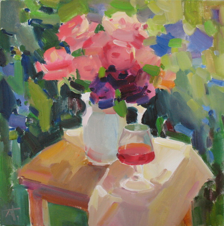 Painting titled "Roses and wine" by Anna Trachuk, Original Artwork, Oil Mounted on Wood Stretcher frame