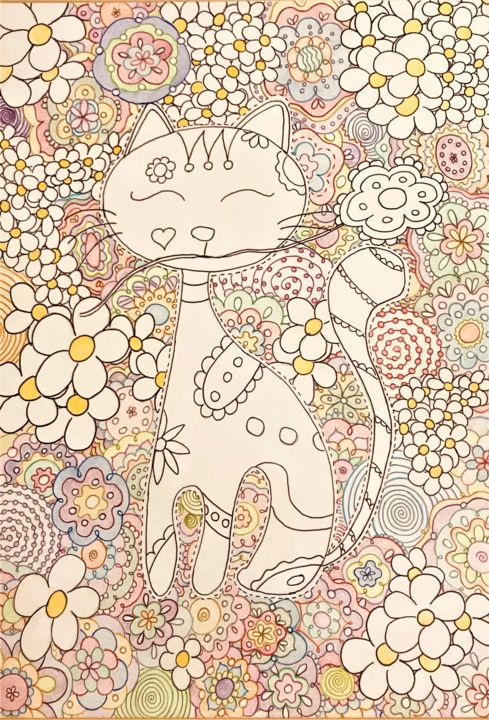"Il gatto col fiore…" başlıklı Resim Anna tarafından, Orijinal sanat, Mum boya