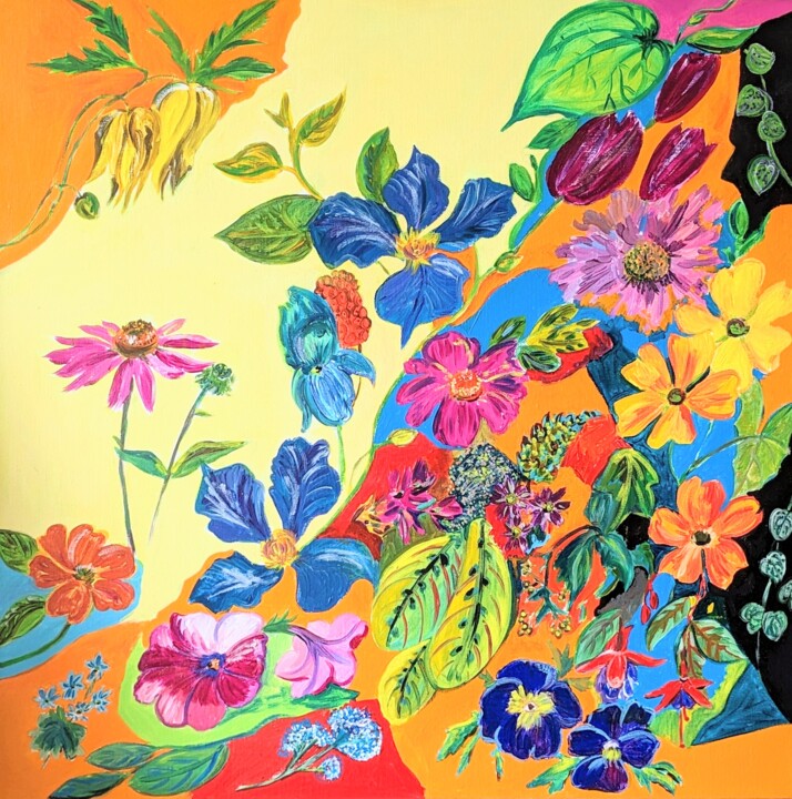Peinture intitulée "Fleurs 2 sur toile" par Anne Cabon, Œuvre d'art originale, Acrylique