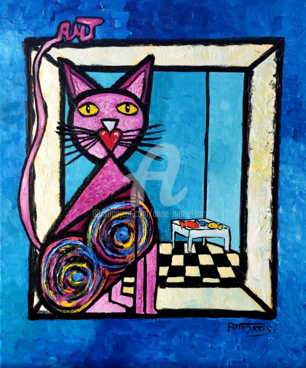 Le Chat Gourmand Painting By Anne Marie Torrisi Artmajeur