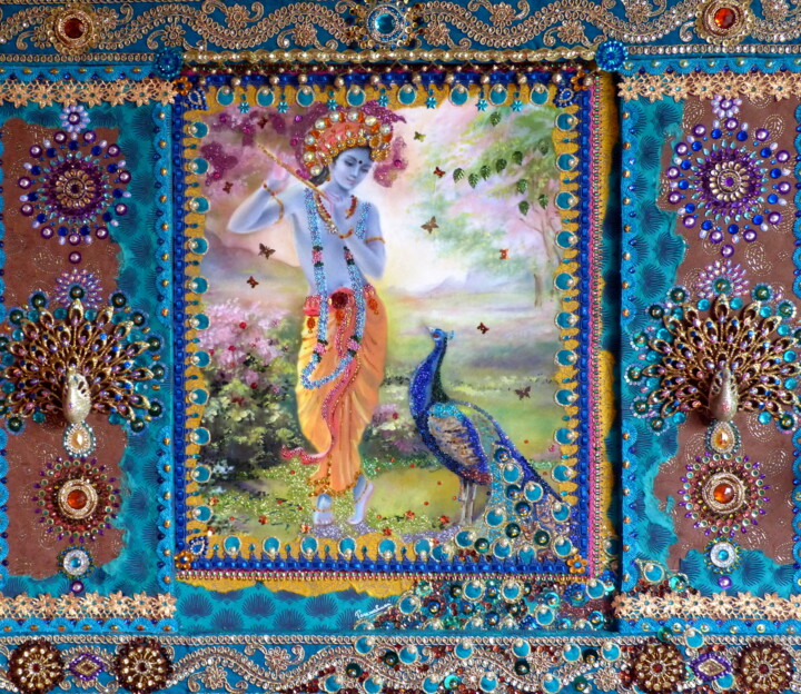 Collages getiteld "Krishna et le paon" door Anne Molines, Origineel Kunstwerk, Collages Gemonteerd op Karton