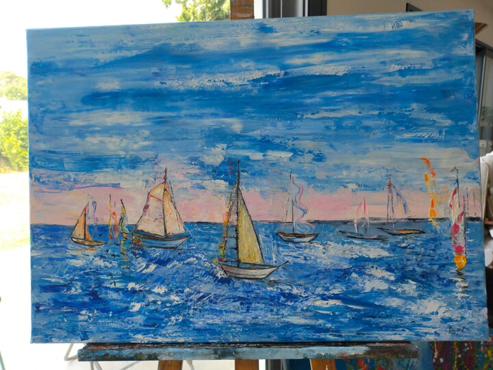 제목이 "Bateaux en mer"인 미술작품 Annick Ayoul로, 원작, 기름 나무 들것 프레임에 장착됨