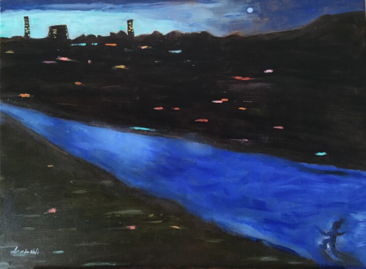 Картина под названием "Night in the town" - Ann Lahti, Подлинное произведение искусства, Масло