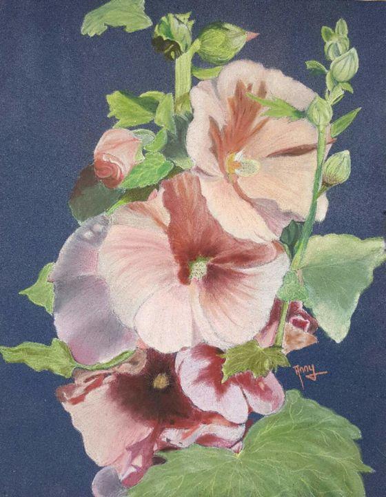 Malarstwo zatytułowany „Roses trémières” autorstwa Anny Burtscher-Beaudoin, Oryginalna praca, Pastel