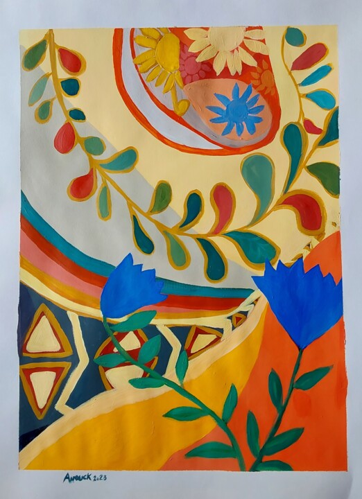 Malerei mit dem Titel "Fleurs bleues" von Anouck Chevallier, Original-Kunstwerk, Acryl