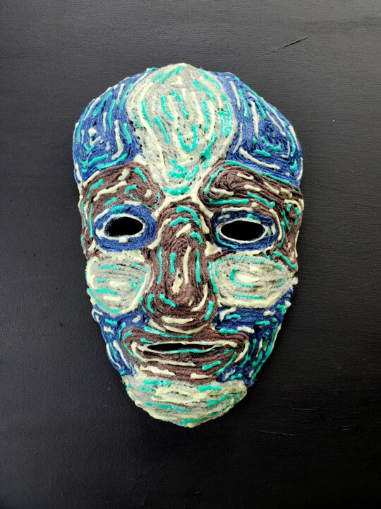 Sculpture titled "Mask Made of Yarn,…" by Anthony Saldivar, Original Artwork, Textile fiber