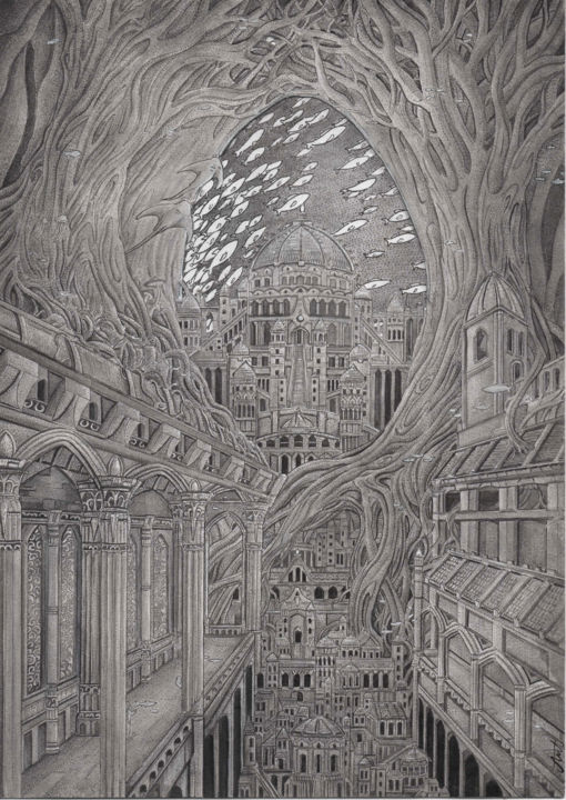 Drawing titled "The Submerged city" by Antoine Aizier, Original Artwork, Watercolor