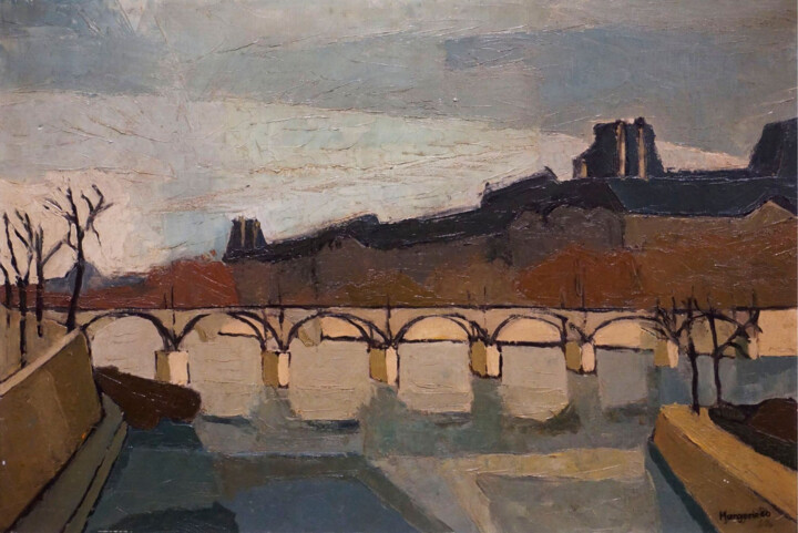 Painting titled ""Le pont des arts"…" by Antoine De Margerie, Original Artwork, Oil Mounted on Wood Stretcher frame