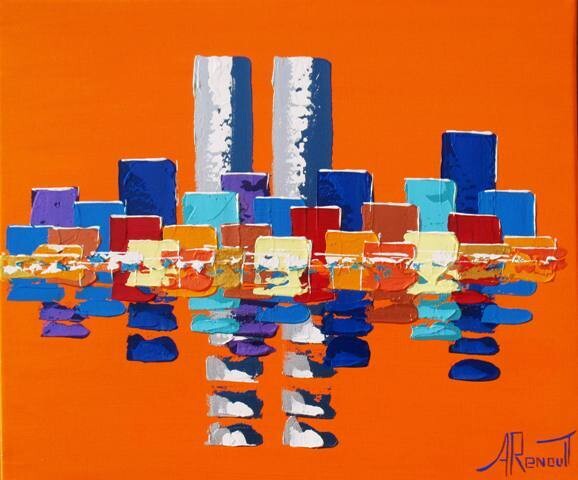 Painting titled "Orange Skyline" by Antoine Renault, Original Artwork