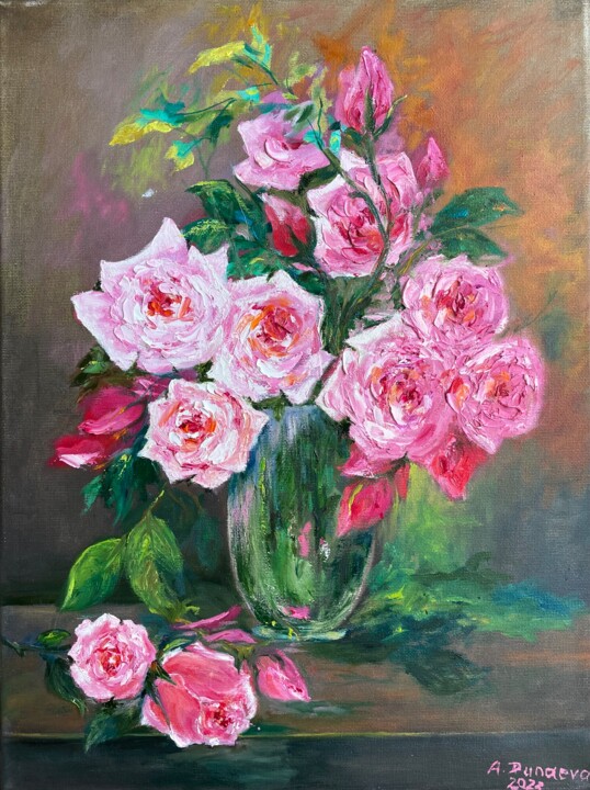 Pink Roses Floral Original Painting in Oil Impasto 11x16 inc