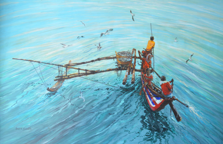 Painting titled "Sailing Heroes" by Anura Srinath, Original Artwork, Acrylic Mounted on Wood Stretcher frame