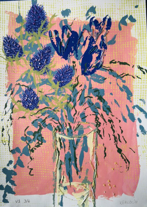 Printmaking titled "Blue Thistle and Tu…" by Anyck Alvarez Kerloch, Original Artwork, Screenprinting