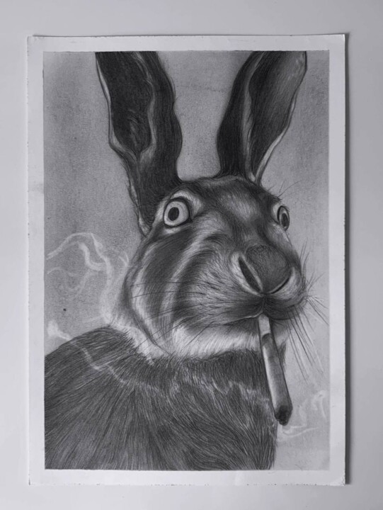 Dessin intitulée "Заяц с сигаретой ри…" par Anzela Karpova, Œuvre d'art originale, Crayon