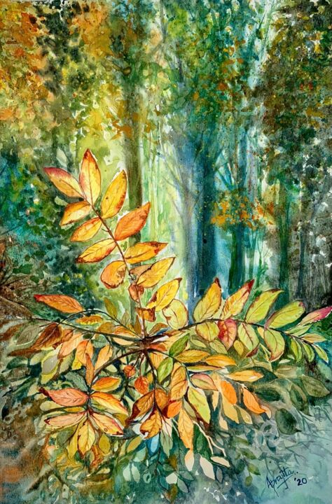 绘画 标题为“Golden Leaves” 由Aprajita Lal, 原创艺术品, 水彩