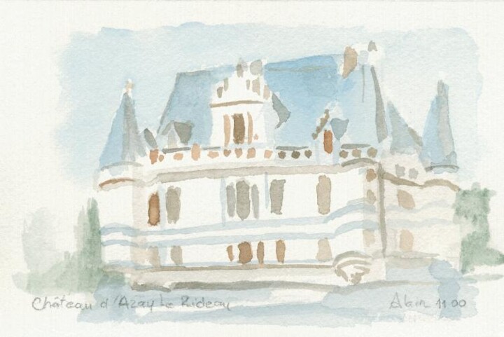 Peinture intitulée "0011 Chateau d'Azay…" par Aquarelles-Alain, Œuvre d'art originale, Aquarelle