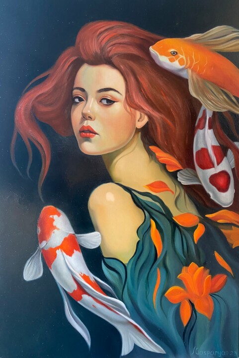 Painting titled "PORTRAIT WITH KOI F…" by Ara Gasparyan, Original Artwork, Oil Mounted on Wood Stretcher frame