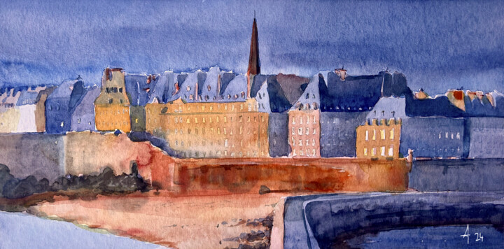 Peinture intitulée "Crépuscule à Saint-…" par Ari Rakotondraibe, Œuvre d'art originale, Aquarelle