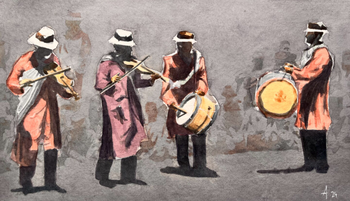 Peinture intitulée "Musiciens malgaches" par Ari Rakotondraibe, Œuvre d'art originale, Aquarelle