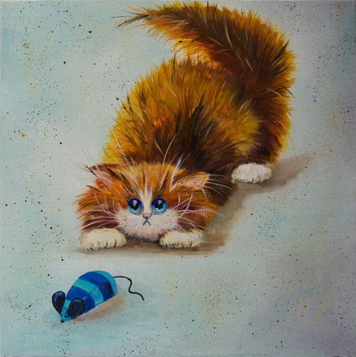 Malerei mit dem Titel "Chaton roux" von Arina Tcherem, Original-Kunstwerk, Öl Auf Keilrahmen aus Holz montiert