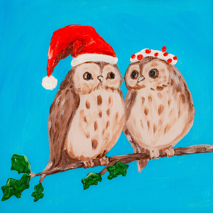 Pintura intitulada "Two Owls, Cute Bird…" por Arina Yastrebova, Obras de arte originais, Acrílico