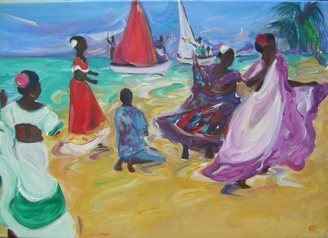Pittura intitolato "dancing by the sea" da Arlette Fougeras Lavergnolle, Opera d'arte originale