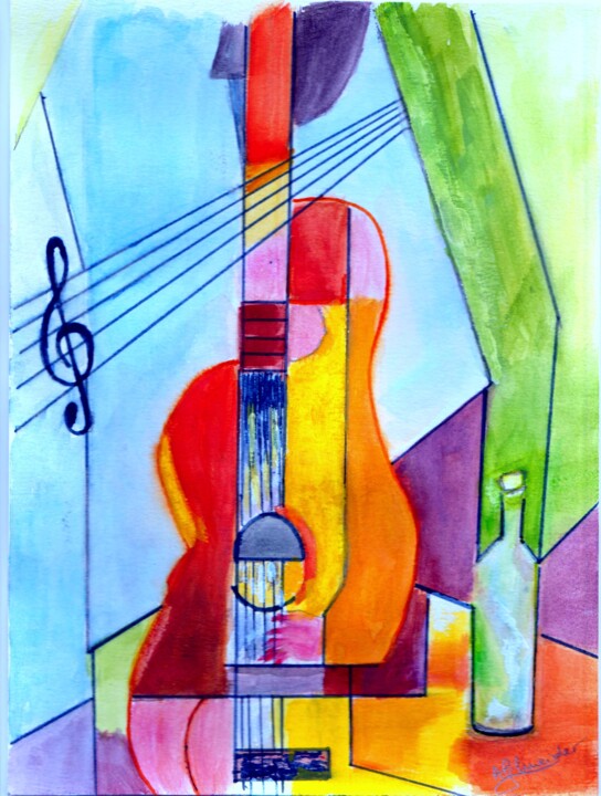 Pittura intitolato "Femme guitare" da Arlette Schneider, Opera d'arte originale