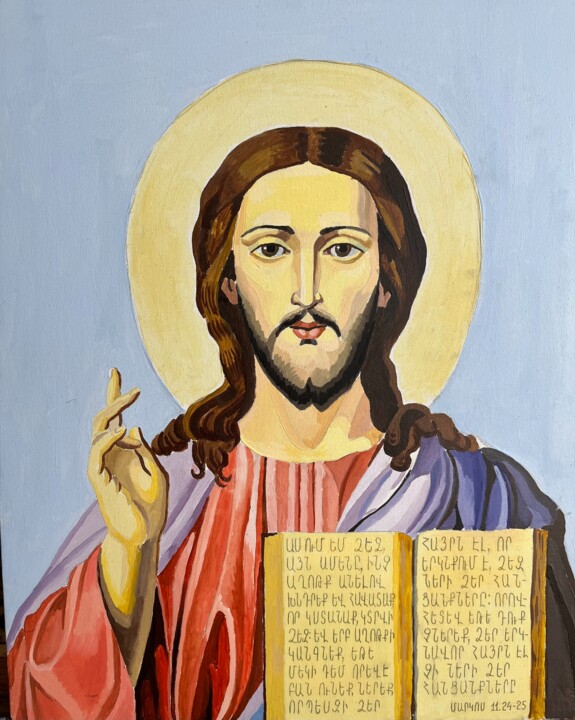 Painting titled "Jesus" by Arman Khlghatyan, Original Artwork, Oil Mounted on Wood Panel