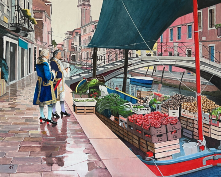 Painting titled "Marché flottant" by Arnaud Feuga, Original Artwork, Oil Mounted on Wood Stretcher frame