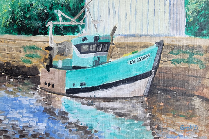 Schilderij getiteld "Fischerboot" door Arne Groh, Origineel Kunstwerk, Olie Gemonteerd op Karton