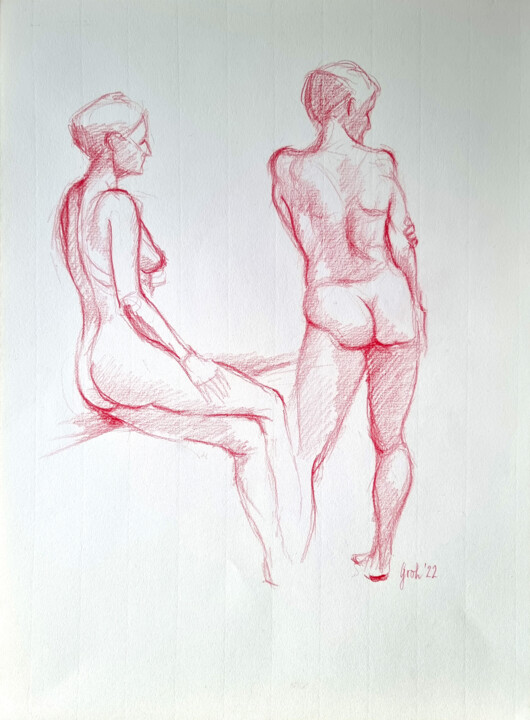 Tekening getiteld "Aktgruppe I" door Arne Groh, Origineel Kunstwerk, Potlood