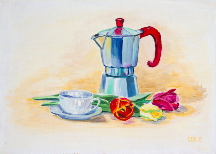Ζωγραφική με τίτλο "Coffee still life w…" από Ольга Смирнова, Αυθεντικά έργα τέχνης, Λάδι