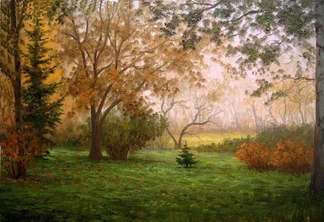 Peinture intitulée "Осеннее утро.  Autu…" par Igor Mikhailov, Œuvre d'art originale, Huile