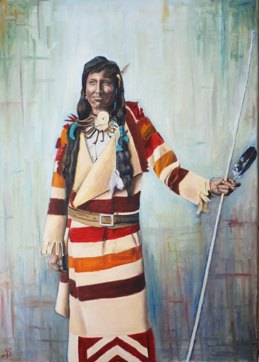 Painting titled "Indien Assiniboine" by Sebastien Devore (Art-bracadabrac), Original Artwork, Oil Mounted on Wood Stretcher…