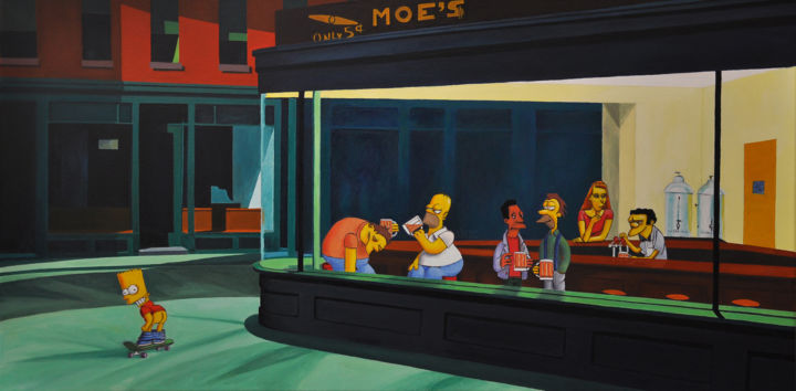 Pintura intitulada "Le Bar de Moe" por Sebastien Devore (Art-bracadabrac), Obras de arte originais, Óleo