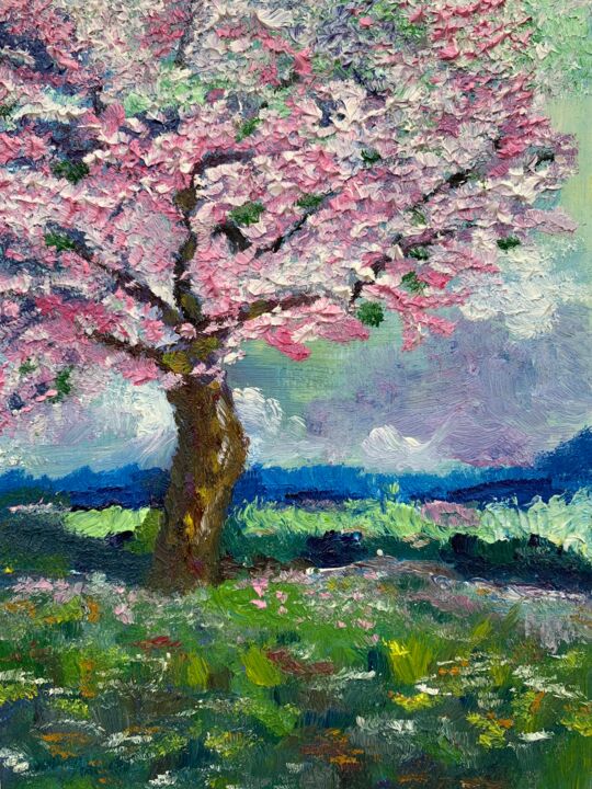 Original landscape painting Blooming tree Abstract stained glass