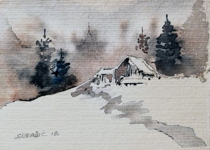 Schilderij getiteld "Winter scene" door Edin Subasic, Origineel Kunstwerk, Aquarel