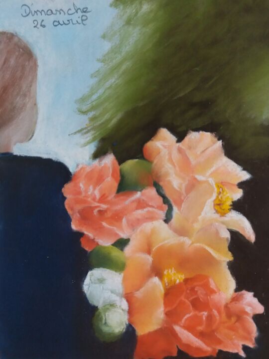 Desenho intitulada "...avec des fleurs!" por Isabelle Tanguy, Obras de arte originais, Pastel