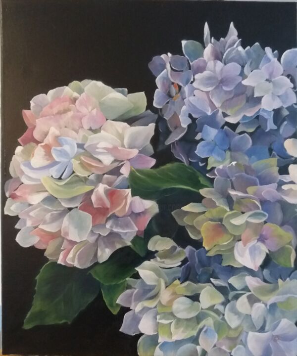 Pintura titulada "les hortensias bleus" por Isabelle Tanguy, Obra de arte original, Oleo Montado en Bastidor de camilla de m…