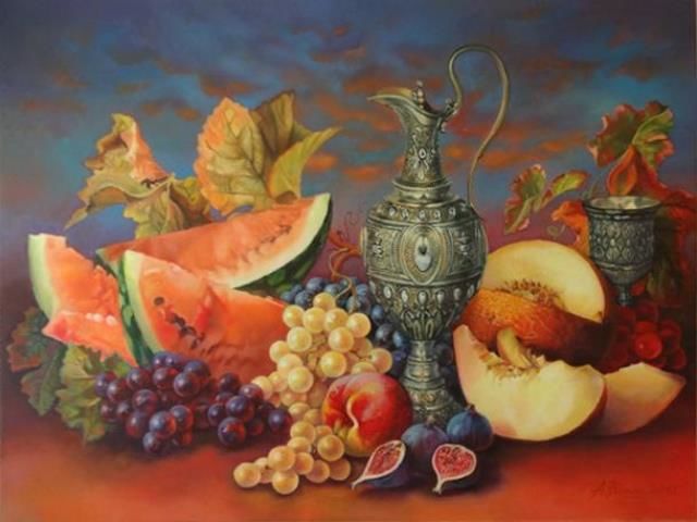 Painting titled "Still life with fru…" by Andrew Vlasov, Original Artwork, Oil