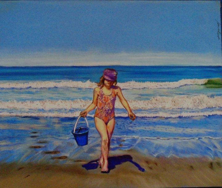 Pittura intitolato "girl-with-a-blue-bu…" da Marilia De Campos, Opera d'arte originale, Pastello