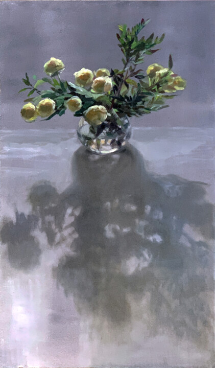 Картина под названием "Yellow roses on a g…" - Artkaminskaya, Подлинное произведение искусства, Масло