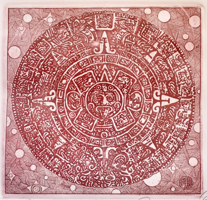 Printmaking titled "Aztec calendar" by Ivan Kelarev, Original Artwork, Engraving