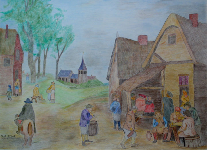 Drawing titled "Village Inn" by Cornelis Sproet, Original Artwork, Pencil