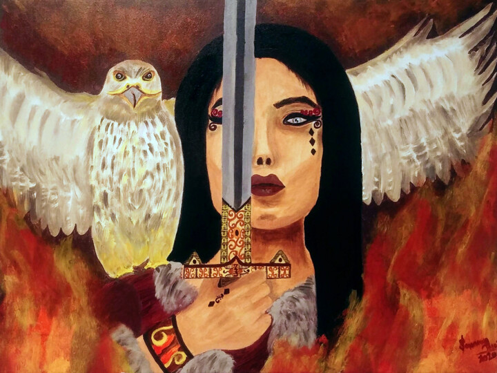 Peinture intitulée "Goddess of War" par Sohaina Ansari, Œuvre d'art originale, Huile