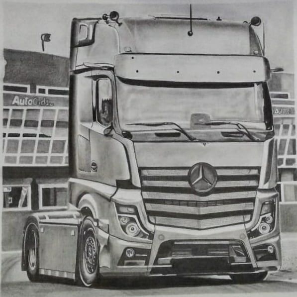 Рисунок под названием "Mercedes Truck" - Ajay Sharma (Artworksnation), Подлинное произведение искусства, Карандаш