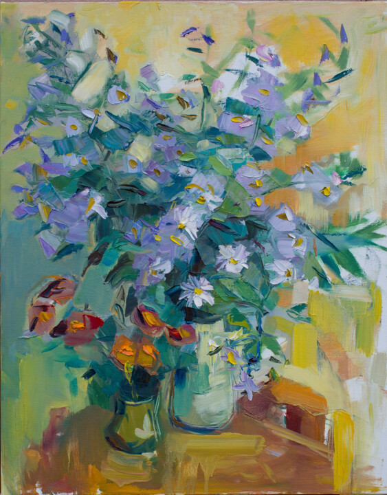 Painting titled "Autumn flowers" by Arus Pashikyan, Original Artwork, Oil Mounted on Wood Stretcher frame