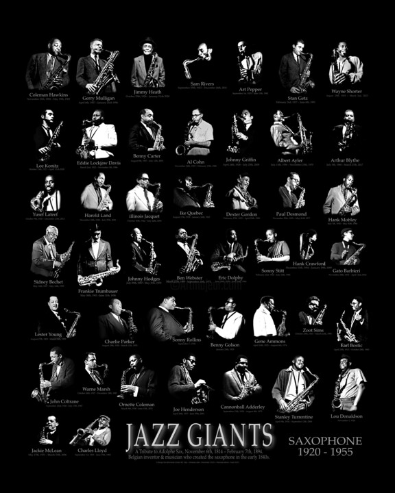 Коллажи под названием "JAZZ GIANTS SAX 192…" - Astr, Подлинное произведение искусства, Фотомонтаж Установлен на Алюминий