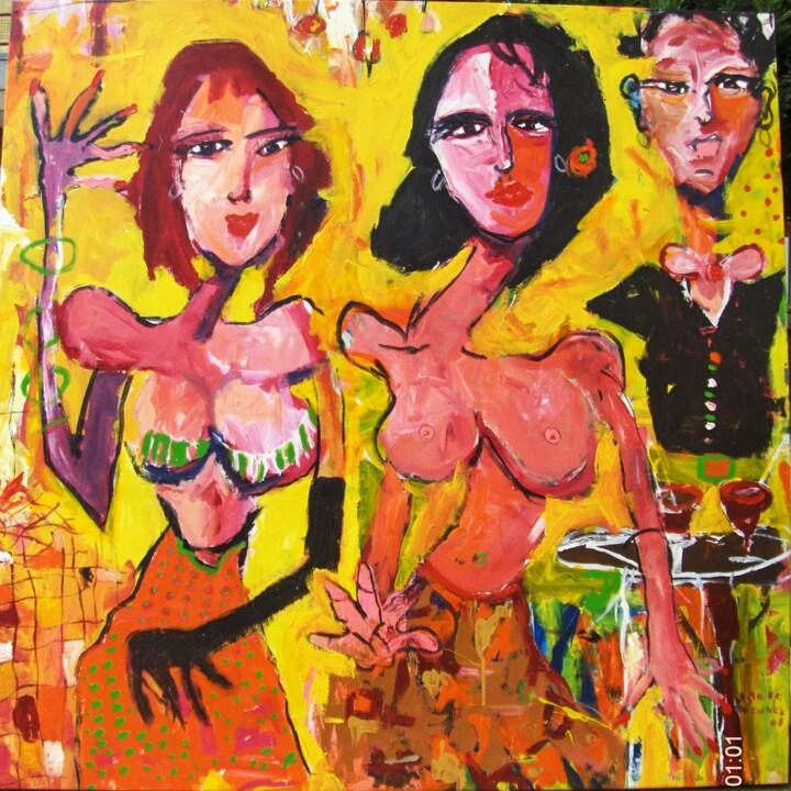 Painting titled "Mosso con chicas" by Astolfo Funes, Original Artwork, Acrylic