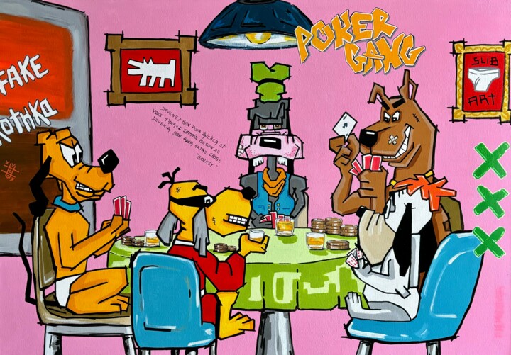Painting titled "POKER GANG" by Patrice Almodovar, Original Artwork, Acrylic Mounted on Wood Stretcher frame