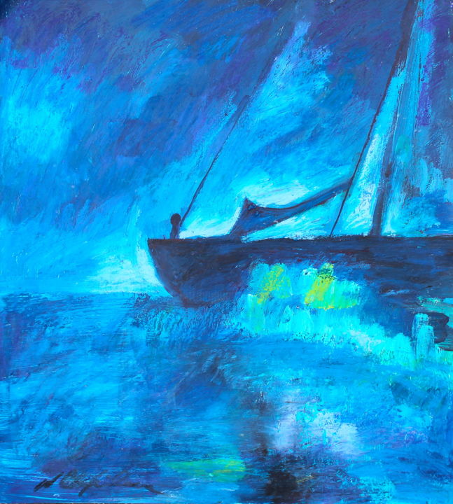 Painting titled "Boat at the night" by Nathalia Chipilova, Original Artwork, Acrylic